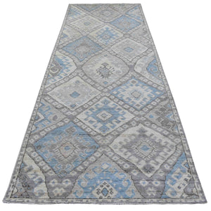 4'x11'7" Gray with Pop of Blue Anatolian Village Inspired Geometric Design Hand Knotted Organic Wool Oriental Wide Runner Rug FWR411624