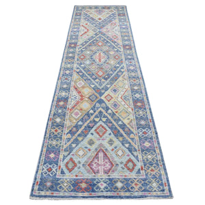 3'x11'9" Denim Blue with Pop of Color Hand Knotted Anatolian Village Inspired Geometric Design Soft Wool Oriental Wide Runner Rug FWR411630