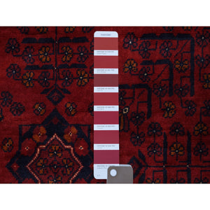 3'4"x4'8" Saturated Red with Pop of Navy Blue Hand Knotted Afghan Khamyab Natural Dyes Denser Weave with Shiny Wool Oriental Rug FWR411876