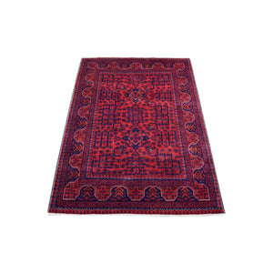 3'5"x4'10" Saturated Red Afghan Khamyab with All Over Design Hand Knotted Soft, Velvety Wool Oriental Rug FWR411882