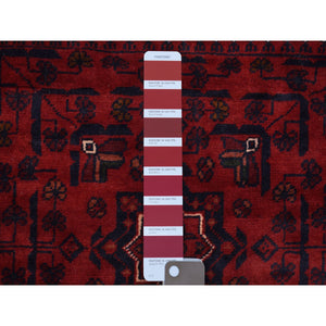 2'8"x4' Saturated Red Hand Knotted Afghan Khamyab Denser Weave with Shiny Wool Oriental Rug FWR411924
