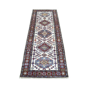 2'6"x6'9" Hand Knotted Super Kazak with Colorful Geometric Medallions Pure Wool Ivory Oriental Runner Rug FWR411930