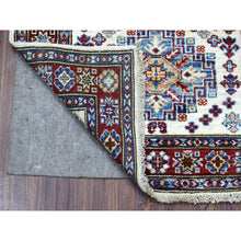 Load image into Gallery viewer, 2&#39;6&quot;x6&#39;9&quot; Hand Knotted Super Kazak with Colorful Geometric Medallions Pure Wool Ivory Oriental Runner Rug FWR411930