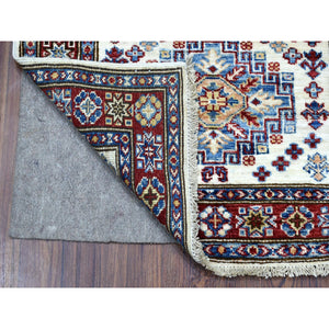2'6"x6'9" Hand Knotted Super Kazak with Colorful Geometric Medallions Pure Wool Ivory Oriental Runner Rug FWR411930