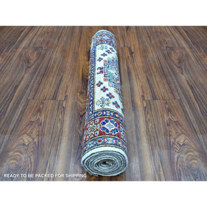 2'6"x6'9" Hand Knotted Super Kazak with Colorful Geometric Medallions Pure Wool Ivory Oriental Runner Rug FWR411930
