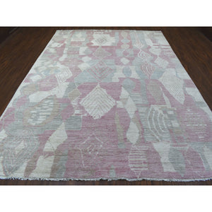 8'10"x11'9" Blush Pink Moroccan Berber with Arts and Crafts Hand Knotted Soft Natural Wool Oriental Rug FWR412494