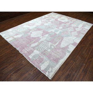 8'10"x11'9" Blush Pink Moroccan Berber with Arts and Crafts Hand Knotted Soft Natural Wool Oriental Rug FWR412494