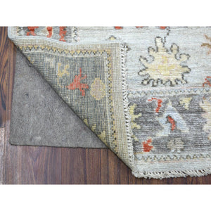 2'9"x9'5" Pure Wool Hand Knotted Gray Angora Oushak with Large Motifs Oriental Runner Rug FWR413892