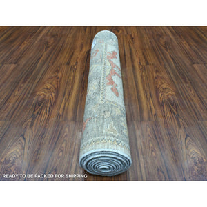 2'9"x9'5" Pure Wool Hand Knotted Gray Angora Oushak with Large Motifs Oriental Runner Rug FWR413892