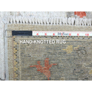 2'9"x9'5" Pure Wool Hand Knotted Gray Angora Oushak with Large Motifs Oriental Runner Rug FWR413892