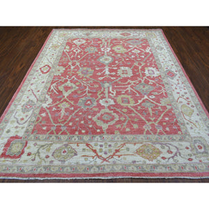8'x9'10" Coral Pink Angora Oushak with All Over Leaf Design Soft, Velvety Plush Wool Hand Knotted Oriental Rug FWR414156