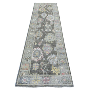 2'8"x10'1" Charcoal Black Angora Oushak with Faded Out Colors Extra Soft Wool Hand Knotted Oriental Runner Rug FWR414282