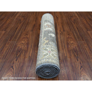 2'8"x10'1" Charcoal Black Angora Oushak with Faded Out Colors Extra Soft Wool Hand Knotted Oriental Runner Rug FWR414282