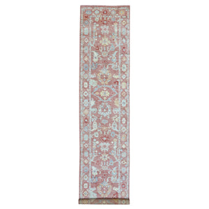 3'1"x16'1" Hand Knotted Coral Red Angora Oushak with Colorful Motifs Organic Wool Oriental XL Runner Rug FWR414336