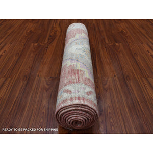 2'9"x10'5" Soft Wool Hand Knotted Coral Red Angora Oushak with Serrated Medallions Design Oriental Runner Rug FWR414342