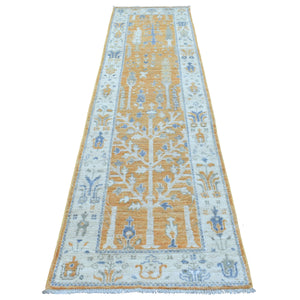 2'8"x10' Sunrise Orange Angora Oushak with Willow and Cypress Tree Design Organic Wool Hand Knotted Oriental Runner Rug FWR414708