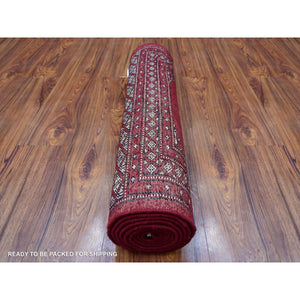 2'6"x9'1" Mori Bokara with Tribal Medallions Design Deep and Rich Red Extra Soft Wool Hand Knotted Oriental Runner Rug FWR415212