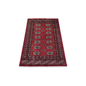 2'7"x4'4" Deep Red Extra Soft Wool Hand Knotted Mori Bokara with Geometric Medallions Design Oriental Rug FWR415236