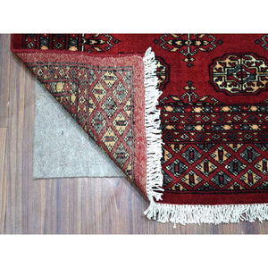 2'7"x4'4" Deep Red Extra Soft Wool Hand Knotted Mori Bokara with Geometric Medallions Design Oriental Rug FWR415236