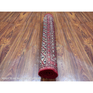 2'6"x3'10" Rich Red Organic Wool Hand Knotted Mori Bokara with Tribal Medallions Design Oriental Rug FWR415242
