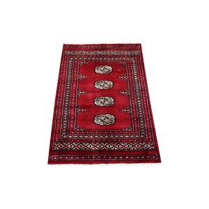 2'6"x4' Mori Bokara with Tribal Medallions Design Deep and Rich Red Soft Wool Hand Knotted Oriental Rug FWR415248