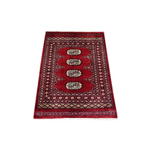 Load image into Gallery viewer, 2&#39;6&quot;x3&#39;9&quot; Hand Knotted Mori Bokara with Tribal Medallions Design Deep Red Pure Wool Oriental Rug FWR415254