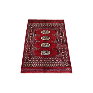 2'6"x3'9" Hand Knotted Mori Bokara with Tribal Medallions Design Deep Red Pure Wool Oriental Rug FWR415254