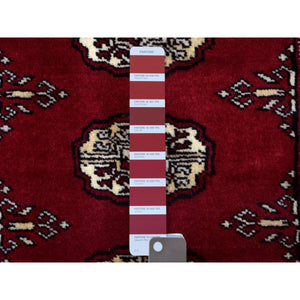 2'6"x3'9" Hand Knotted Mori Bokara with Tribal Medallions Design Deep Red Pure Wool Oriental Rug FWR415254