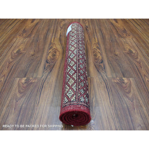 2'6"x3'9" Hand Knotted Mori Bokara with Tribal Medallions Design Deep Red Pure Wool Oriental Rug FWR415254