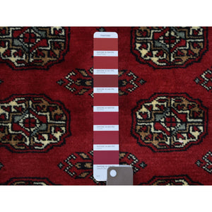 2'6"x4'3" Mori Bokara with Geometric Medallions Design Deep Red Soft Wool Hand Knotted Oriental Rug FWR415272