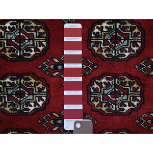 3'x5'1" Extra Soft Wool Hand Knotted Mori Bokara with Geometric Medallions Design Deep Red Oriental Rug FWR415308