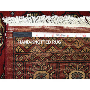 3'1"x5' Hand Knotted Mori Bokara with Geometric Medallions Design Rich Red Organic Wool Oriental Rug FWR415314