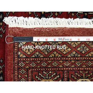 3'x5' Pure Wool Hand Knotted Mori Bokara with Geometric Medallions Design Deep Red Oriental Rug FWR415326