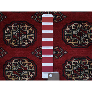 3'x4'10" Hand Knotted Mori Bokara with Geometric Medallions Design Deep Red Soft Wool Oriental Rug FWR415344