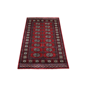 3'x4'10" Organic Wool Hand Knotted Mori Bokara with Geometric Medallions Design Deep Red Oriental Rug FWR415362