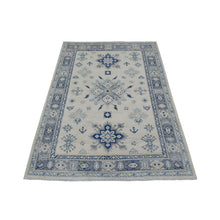 Load image into Gallery viewer, 3&#39;9&quot;x5&#39;9&quot; Ivory Vintage Look Kazak with Large Medallions Design Organic Wool Hand Knotted Oriental Rug FWR415812