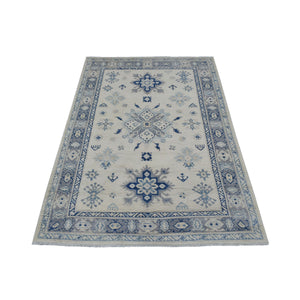 3'9"x5'9" Ivory Vintage Look Kazak with Large Medallions Design Organic Wool Hand Knotted Oriental Rug FWR415812