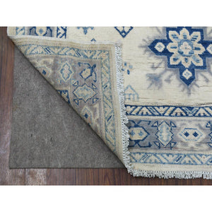 3'9"x5'9" Ivory Vintage Look Kazak with Large Medallions Design Organic Wool Hand Knotted Oriental Rug FWR415812