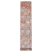 Load image into Gallery viewer, 3&#39;1&quot;x19&#39;8&quot; Pure Wool Hand Knotted Coral Red Angora Oushak with All Over Leaf Design Oriental XL Runner Rug FWR416022