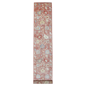 3'1"x19'8" Pure Wool Hand Knotted Coral Red Angora Oushak with All Over Leaf Design Oriental XL Runner Rug FWR416022