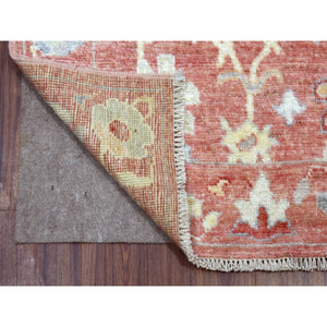 3'1"x19'8" Pure Wool Hand Knotted Coral Red Angora Oushak with All Over Leaf Design Oriental XL Runner Rug FWR416022