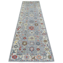 Load image into Gallery viewer, 3&#39;1&quot;x11&#39;6&quot; Pure Wool Hand Knotted Gray Angora Oushak with Colorful Motifs Oriental Runner Rug FWR416046