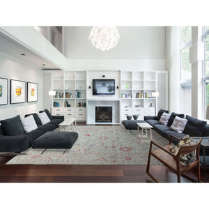 11'9"x17'3" Angora Oushak with Colorful Motifs Soft Wool Hand Knotted Soft Green Oriental Oversized Rug FWR416238