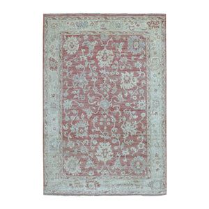 6'2"x9' Angora Oushak with All Over Leaf Design Organic Wool Hand Knotted Coral Red Oriental Rug FWR416472