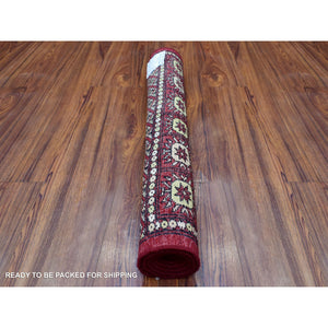 2'6"x3'10" Hand Knotted Mori Bokara with Geometric Medallions Design Deep Red Pure Wool Oriental Rug FWR416646