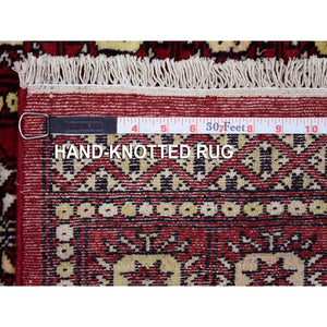2'6"x4'2" Mori Bokara with Geometric Medallions Design Deep and Rich Red Organic Wool Hand Knotted Oriental Rug FWR416658