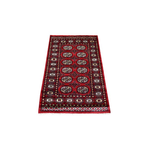 2'7"x4'4" Rich Red Pure Wool Hand Knotted Mori Bokara with Geometric Medallions Design Oriental Rug FWR416670