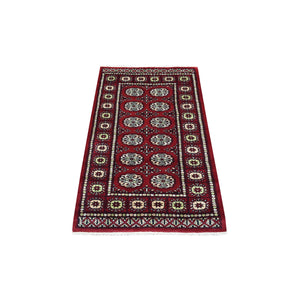 2'6"x4'10" Mori Bokara with Geometric Medallions Design Deep and Rich Red Pure Wool Hand Knotted Oriental Rug FWR416694