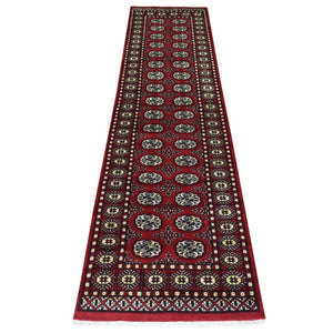 2'4"x9'8" Deep and Rich Red Soft Wool Hand Knotted Mori Bokara with Geometric Medallions Design Oriental Runner Rug FWR416712