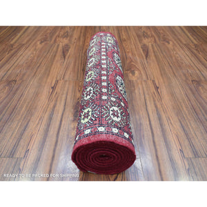 2'4"x9'8" Deep and Rich Red Soft Wool Hand Knotted Mori Bokara with Geometric Medallions Design Oriental Runner Rug FWR416712